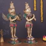 Pure Brass Divine Vahana Pair with Meenakari | Hanuman 21.5" & Garuda 22" | Total 21 kg Sacred Art | Majestic Guardian Murti Set